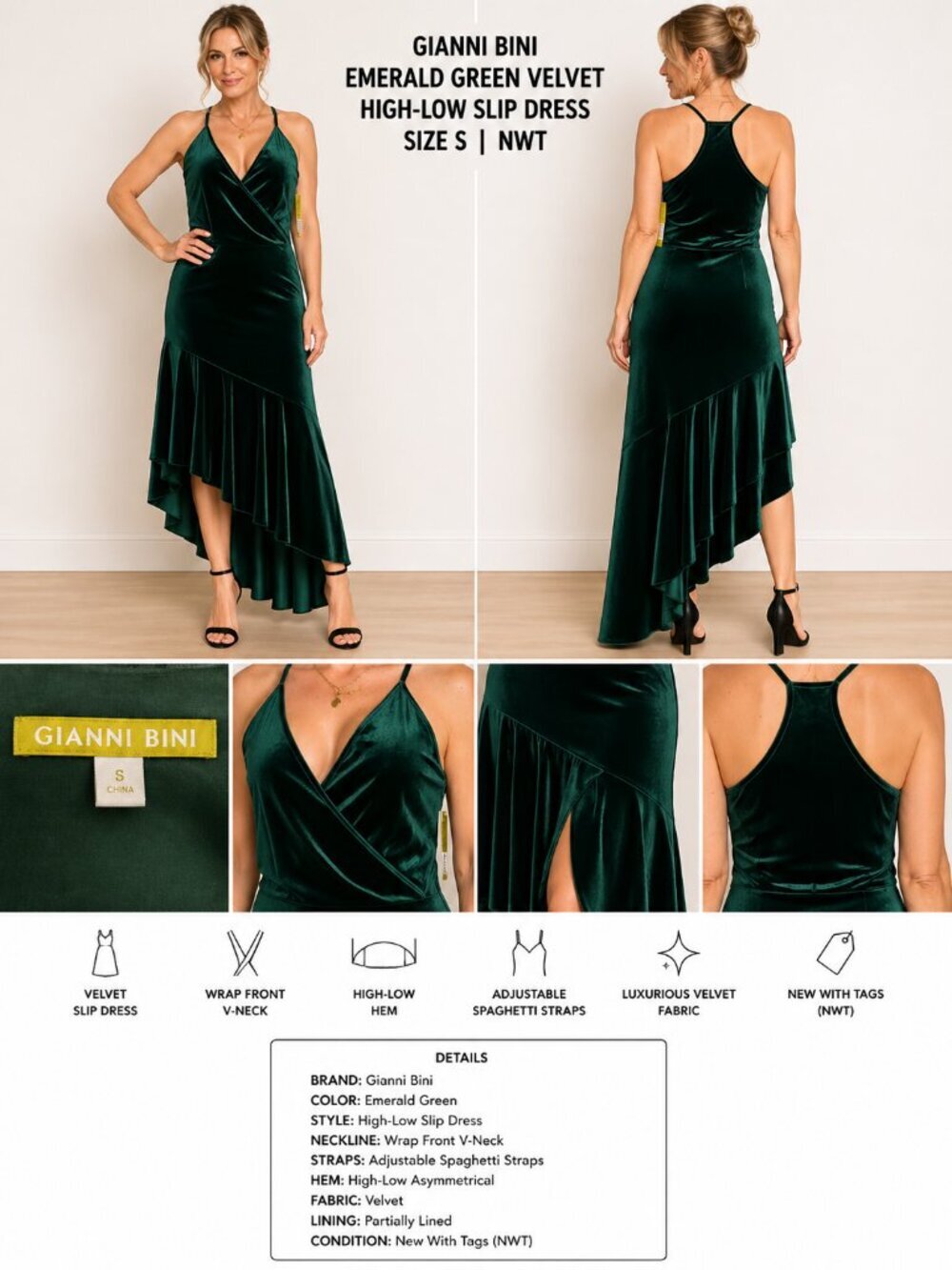 GIANNI BINI EMERALD VELVET HIGH LOW DRESS S NWT